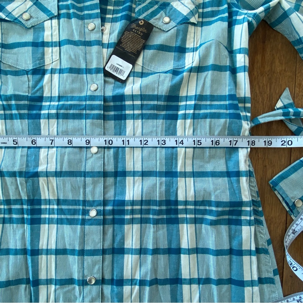 New Wrangler Teal and White Plaid Long Sleeve Dress Snap Buttons - Picture 8 of 12